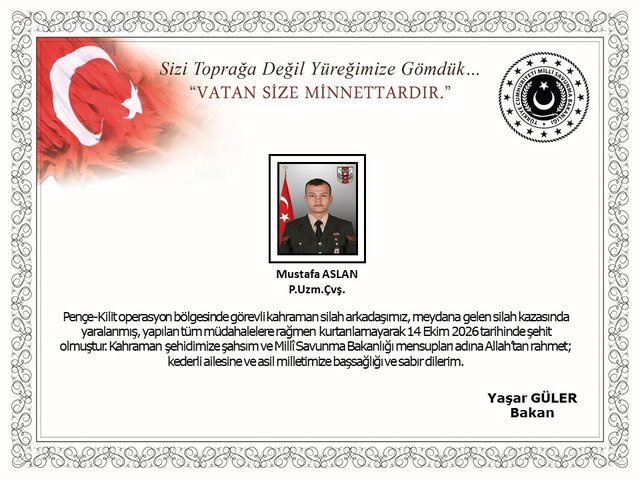 Pençe-Kilit operasyon bölgesinde 1 askerimiz şehit oldu