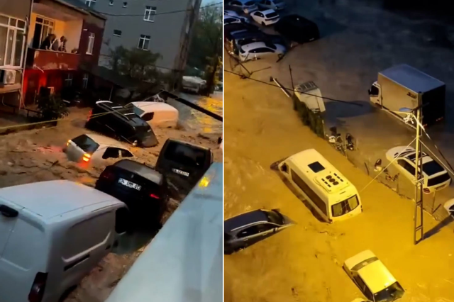 Sarıyer Ayazağa'da sel: Otomobiller sürüklendi, üst üste çıktı