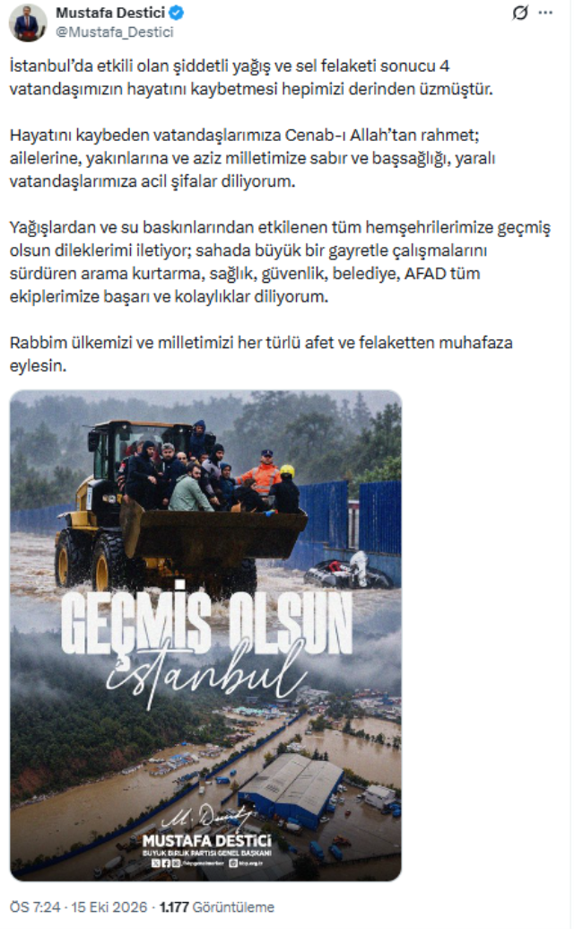 BBP lideri Mustafa Destici'den selde hayatını kaybedenler için başsağlığı mesajı