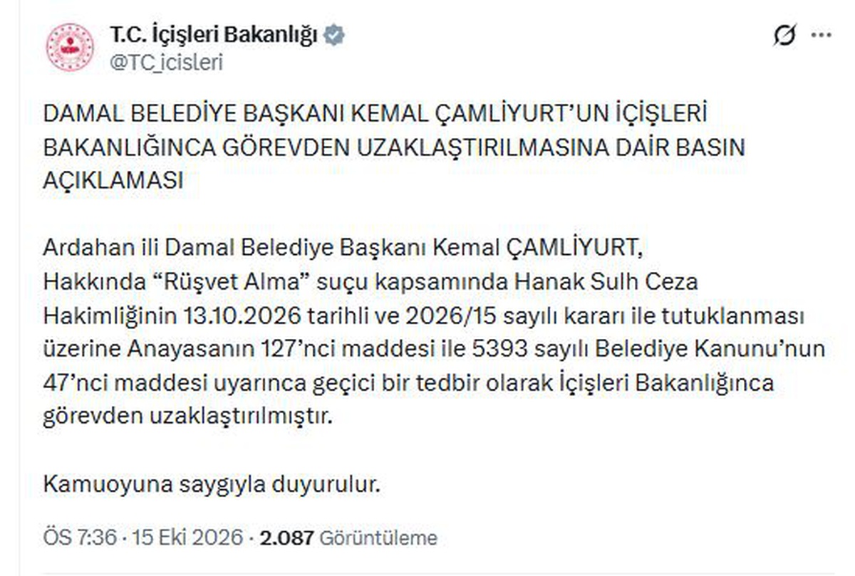 İçişleri Bakanlığı, rüşvetten tutuklanan Damal Belediye Başkanı Çamliyurt\'u uzaklaştırdı