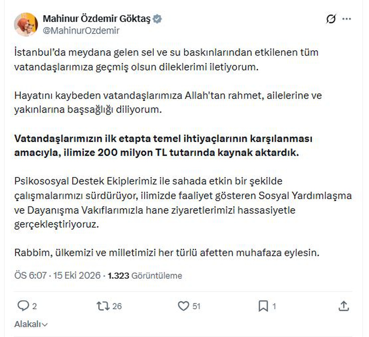 Göktaş, İstanbul seli mağdurlarına 200 milyon TL kaynak aktarıldığını bildirdi
