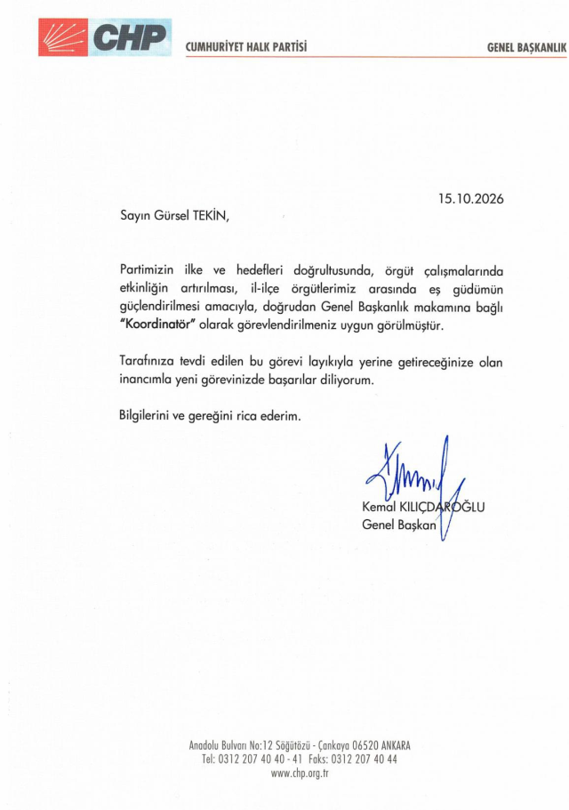 CHP lideri Kemal Kılıçdaroğlu'ndan Gürsel Tekin'e yeni görev