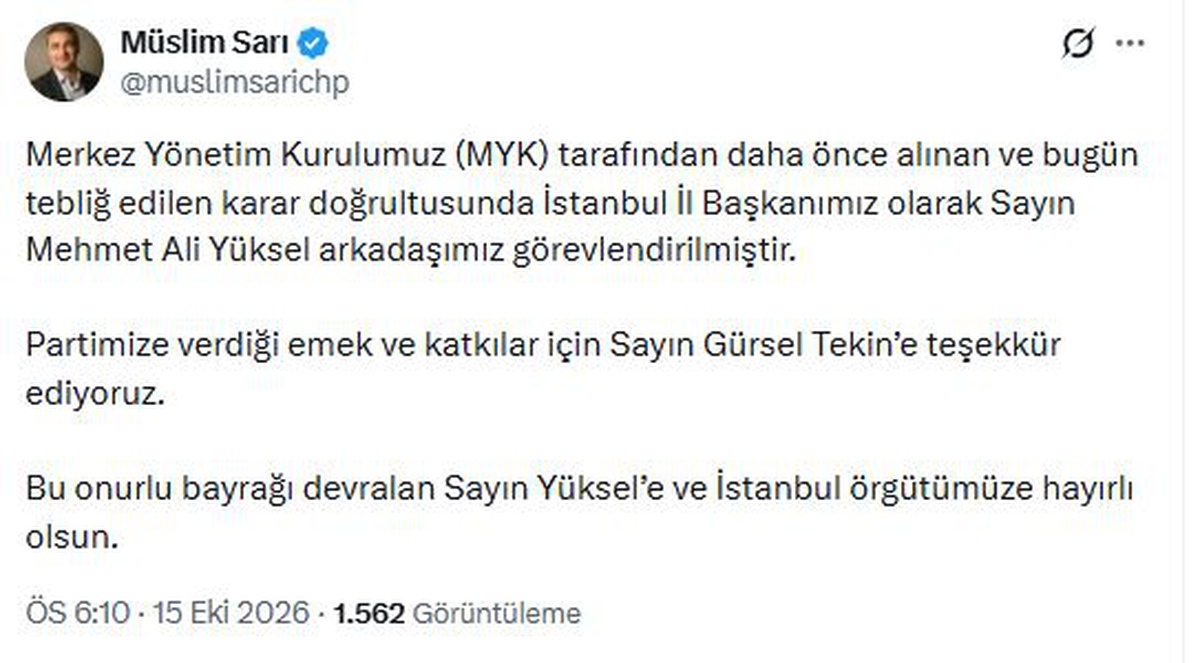CHP\'de Mehmet Ali Yüksel, MYK kararıyla İstanbul İl Başkanlığına görevlendirildi