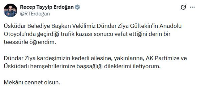 Cumhurbaşkanı Erdoğan'dan Dündar Ziya Gültekin için taziye mesajı