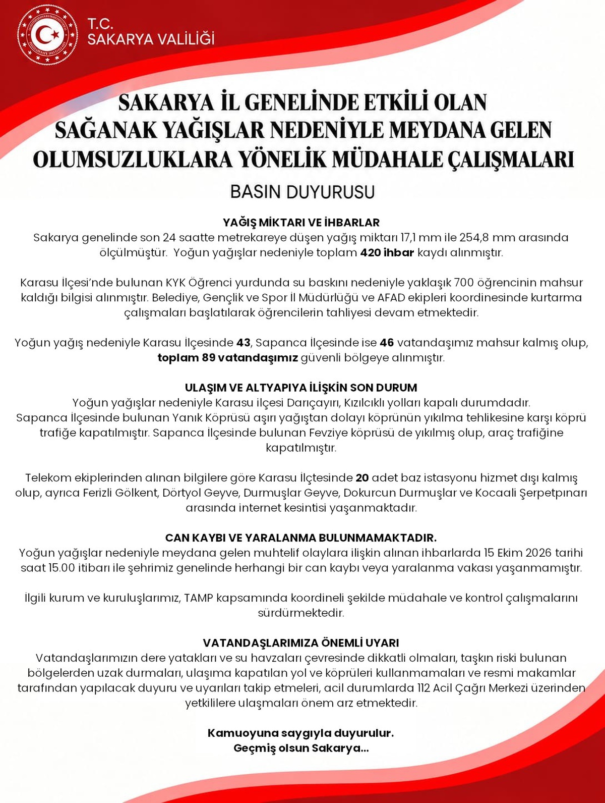 Sakarya\'da sağanak bilançosu açıklandı, Karasu\'da 700 öğrencinin tahliyesi sürüyor