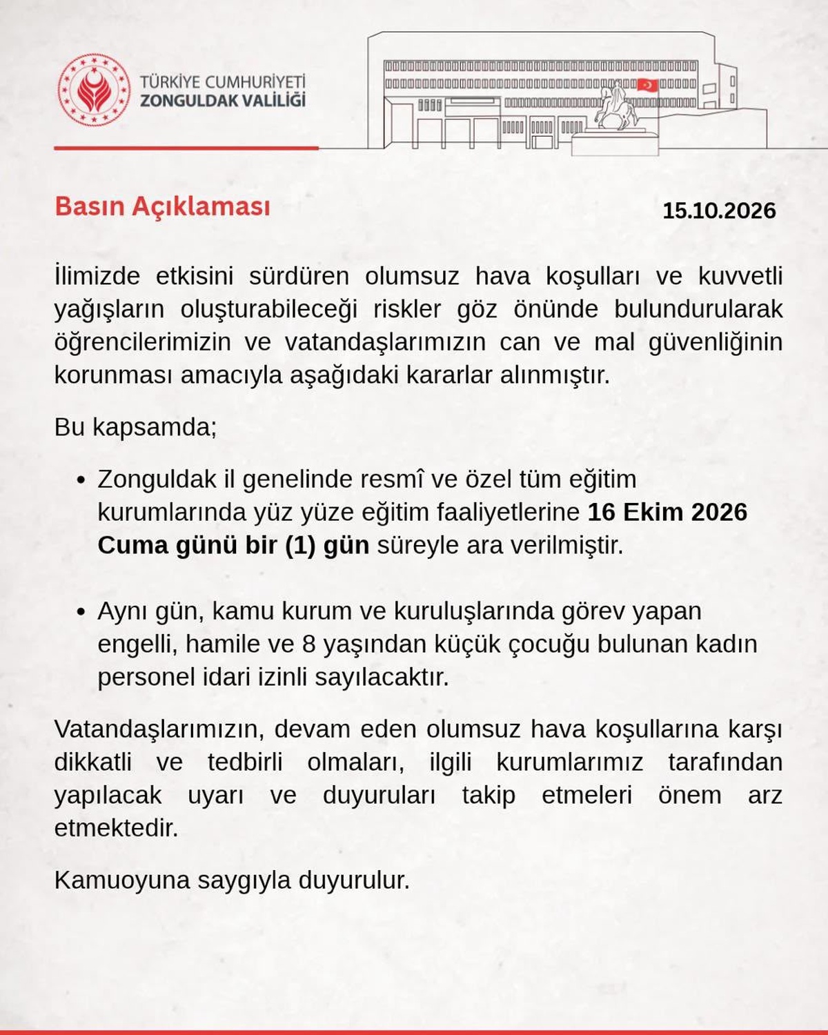 Zonguldak Valiliği, kuvvetli yağış nedeniyle 16 Ekim Cuma yüz yüze eğitime ara verdi