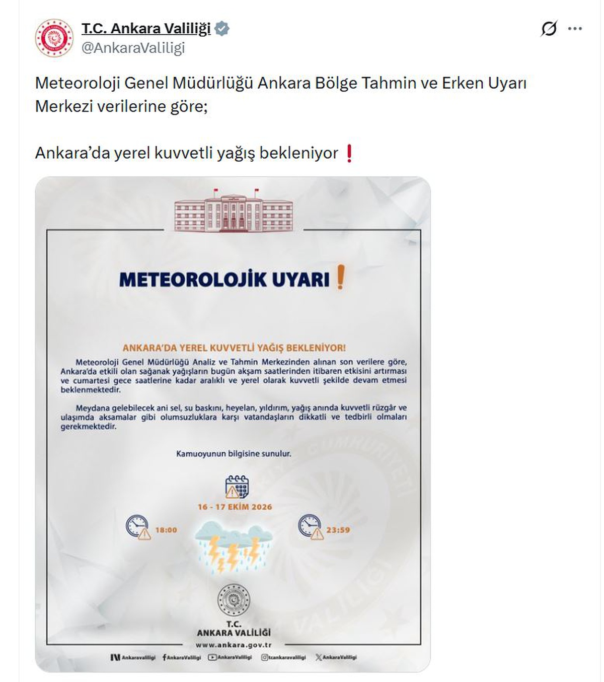 Ankara Valiliği kuvvetli yağışa karşı vatandaşlara sel ve su baskını uyarısı yaptı