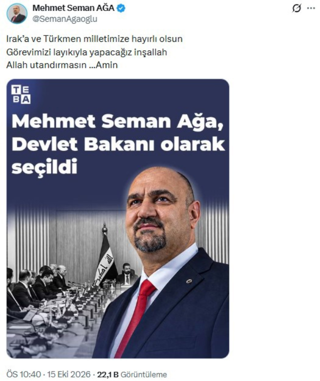İlk kez devlet bakanı Kerkük Valisi Mehmet Seman Ağa, Irak Devlet Bakanı olduITC'li adayın Kerkük Valiliğinden istifası bekleniyor