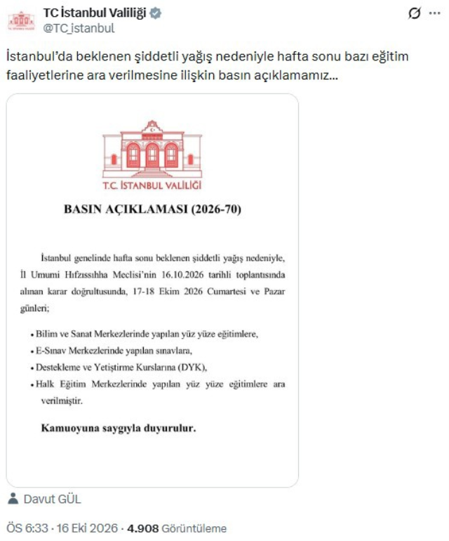 İstanbul'da hafta sonu da eğitime yağış molası! Yüz yüze yapılacak dersler ve sınavlar ertelendi