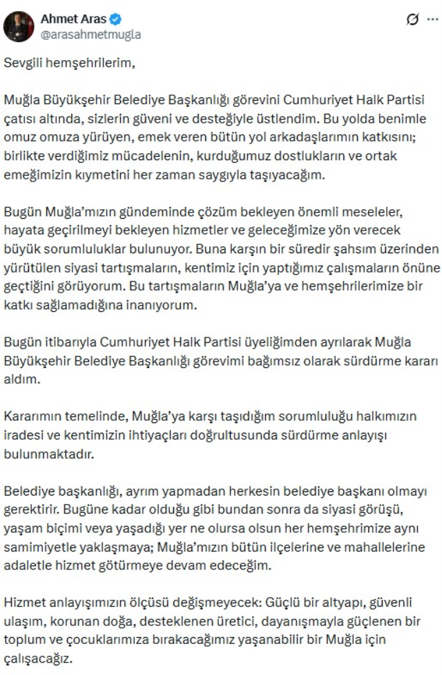 Muğla Büyükşehir Belediye Başkanı Ahmet Aras CHP'den istifa etti