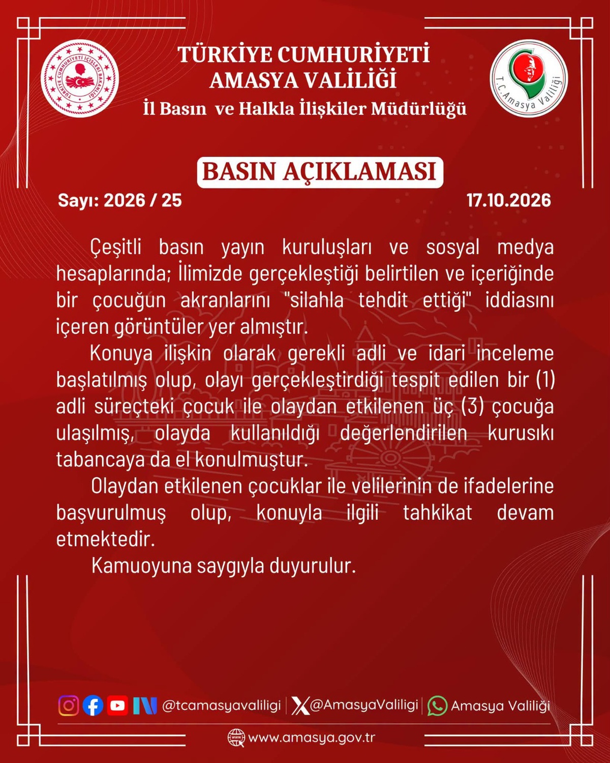 Amasya Valiliği, kurusıkı tabanca tehdidi görüntüleri üzerine inceleme başlattı