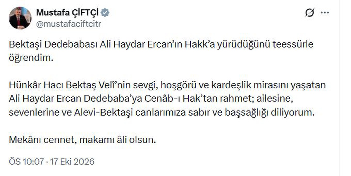 İçişleri Bakanı Çiftçi, Hakk\'a yürüyen Dedebaba Ercan için başsağlığı diledi