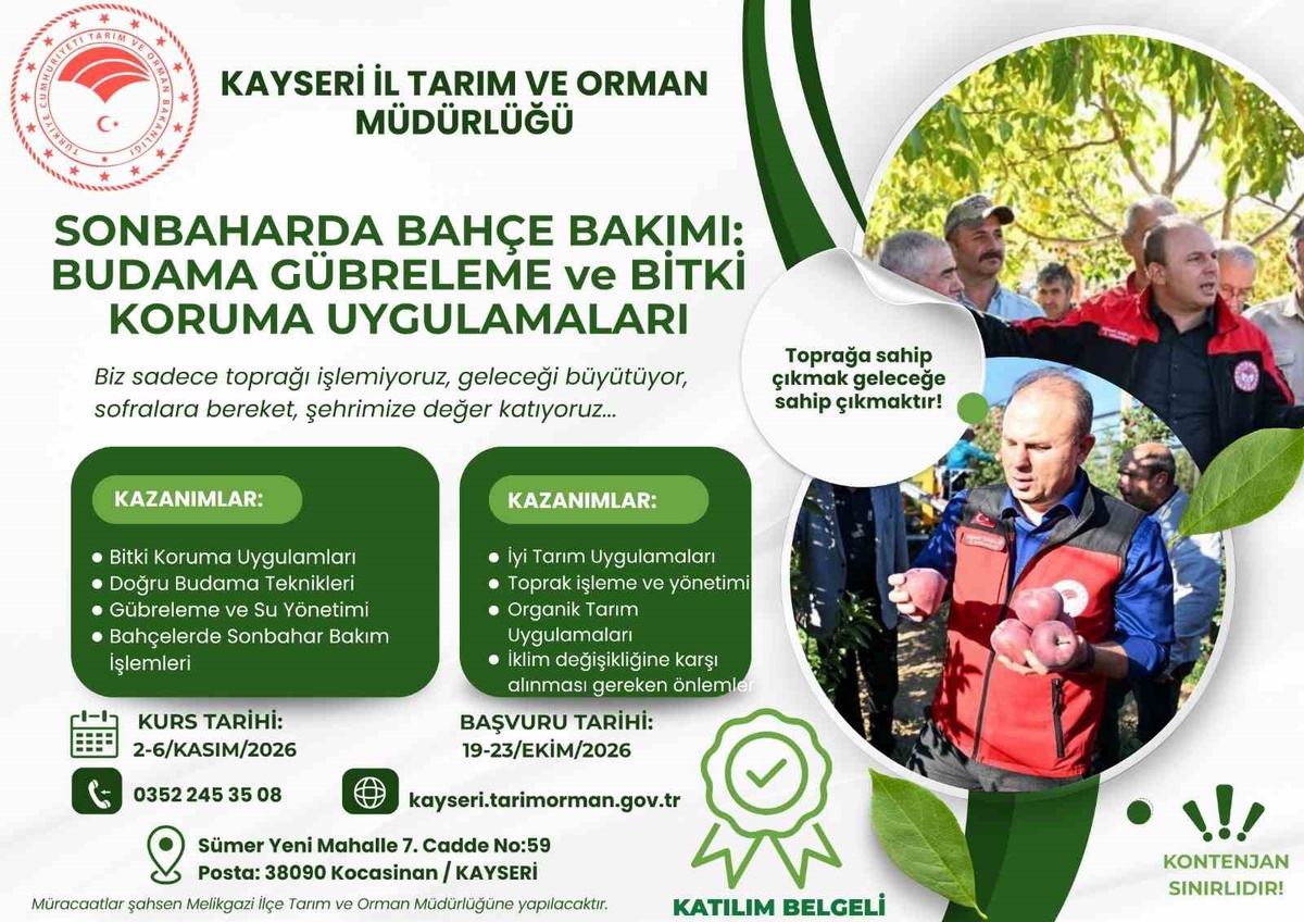 Kayseri\'de üreticilere sonbahar bahçe bakımı eğitimi 2-6 Kasım\'da verilecek