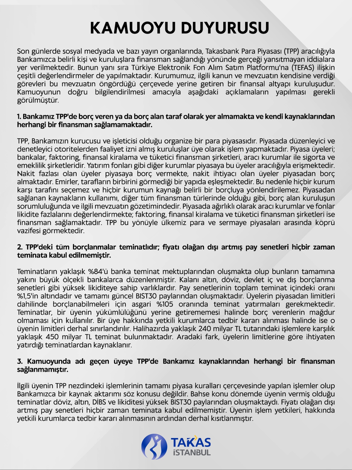 Takasbank TPP iddialarına yanıt verdi, yaklaşık 450 milyar TL teminat bulunuyor