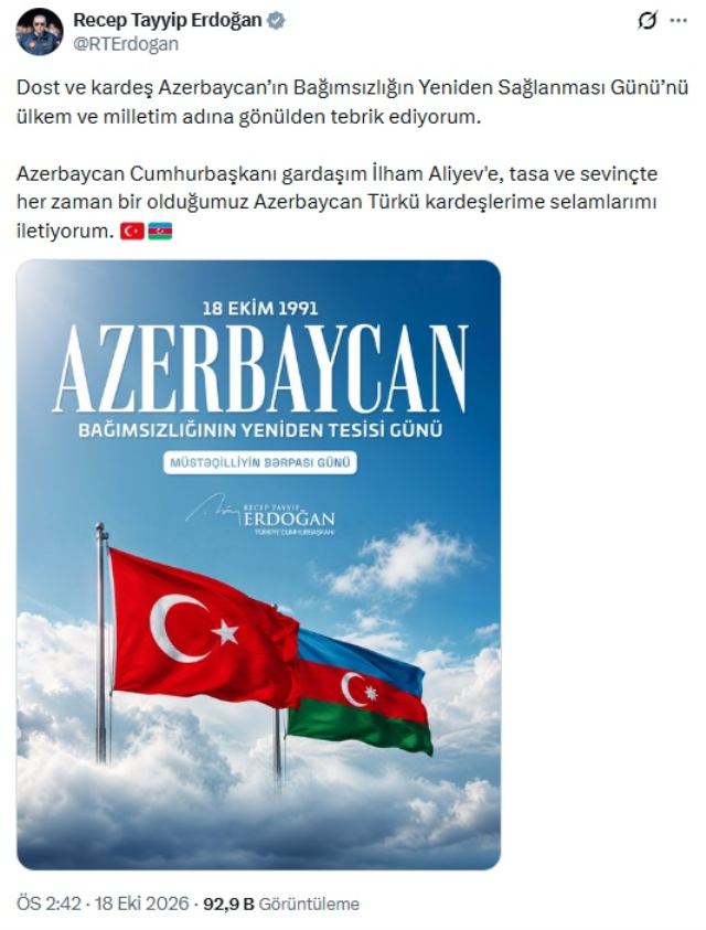 Cumhurbaşkanı Erdoğan’dan Azerbaycan’a Bağımsızlık Günü mesajı: Azerbaycan'la tasa ve sevinçte biriz