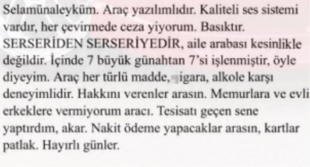 Satılık araç ilanında görenleri şaşırtan sözler: 7 büyük günahın 7'si de işlendi