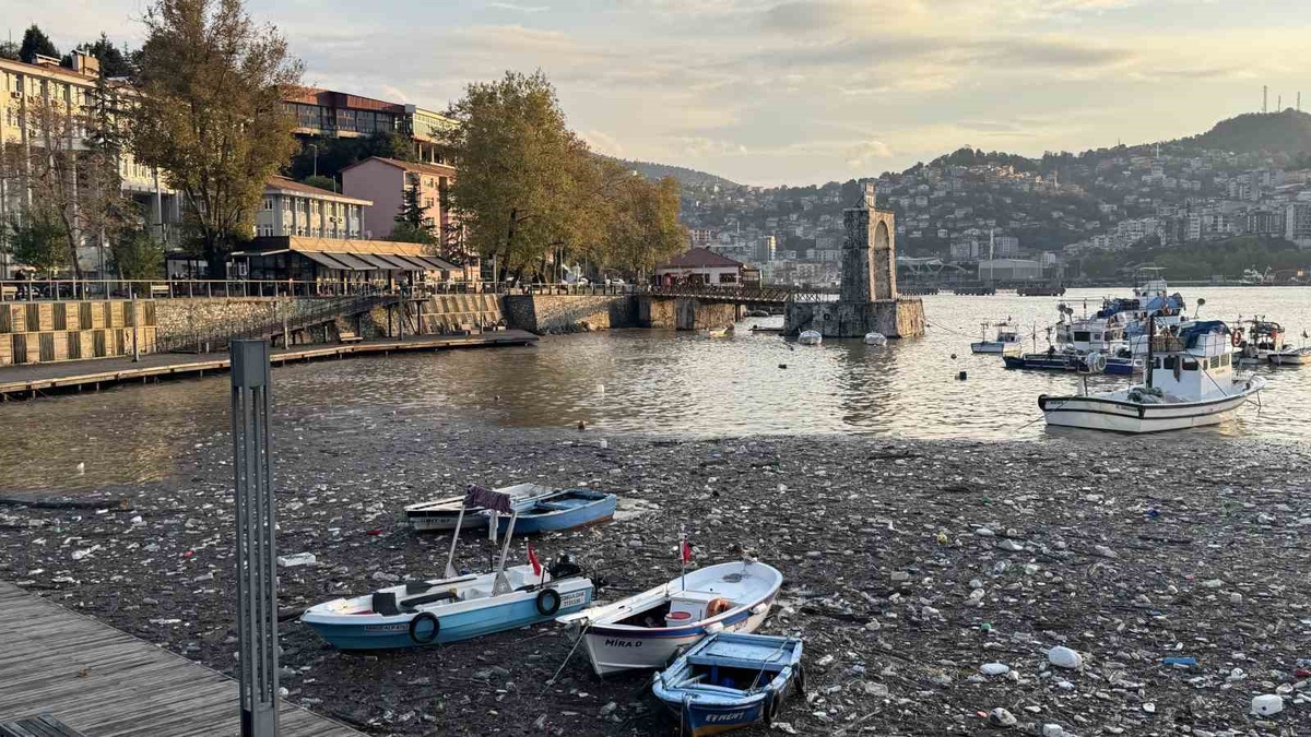 Zonguldak\'ta sağanak sonrası derelerden sürüklenen çöpler limanda birikti