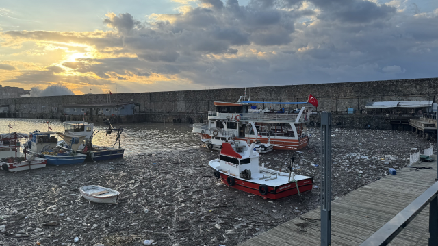 Zonguldak'ta sağanak sonrası derelerden sürüklenen çöpler limanda birikti