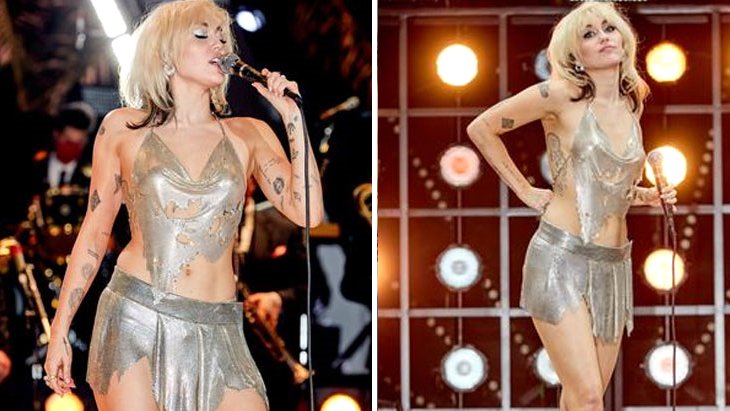 Elbisesi düşen genç şarkıcı Miley Cyrus, sahnede çıplak kaldı