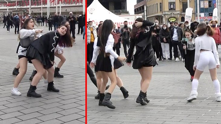 Taksim’de dinç kızların dansını gören dönerek birlikte henüz baktı