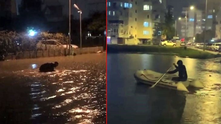 Şiddetli yağmur sokağı göle çevirince vatandaşlar sokakta bot keyfi yaptı