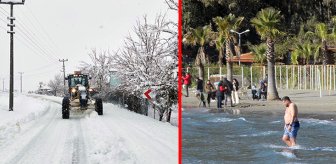 İki fotoğraf da aynı şehirde çekildi Bir yanda kar, bir yanda deniz keyfi