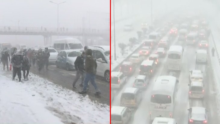 İstanbul Hadımköy’deki kar esareti sürüyor Araçlarını bırakıp yürüyerek devam edenler, 40 saat bekleyenler var
