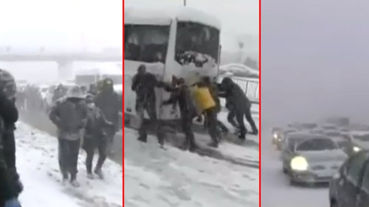 İstanbul Hadımköy’deki kar esareti sürüyor Araçlarını bırakıp yürüyerek devam edenler, 40 saat bekleyenler var