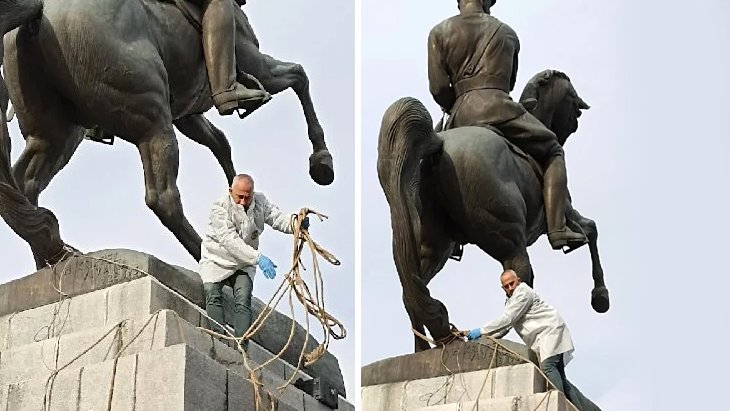 Samsun’da zamanı Mustafa Kemal Atatürk heykeline saldırı: Halat bağlayıp yıkmaya çalıştılar