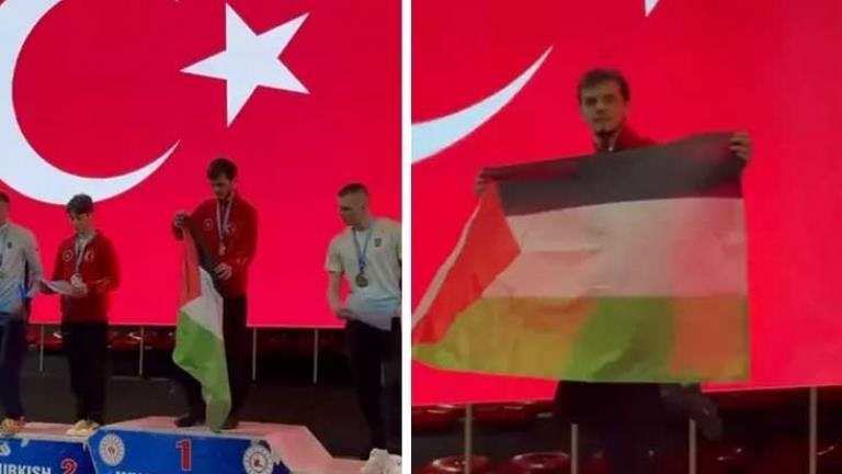 Milli sporcumuz Necmettin Erbakan Akyüz, Avrupa Wushu Kung Fu Şampiyonası’nda Filistin bayrağı açarak gündem oldu