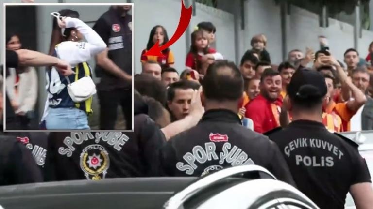 Polis olmasa kim bilir neler olurdu Derbi öncesi Galatasaraylı taraftarlardan Fenerbahçeli kadına tepki