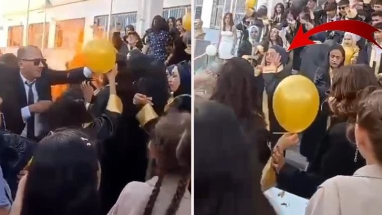 Okuldaki mezuniyet kutlamasında helyum gazlı balon patladı... O anlar kamerada