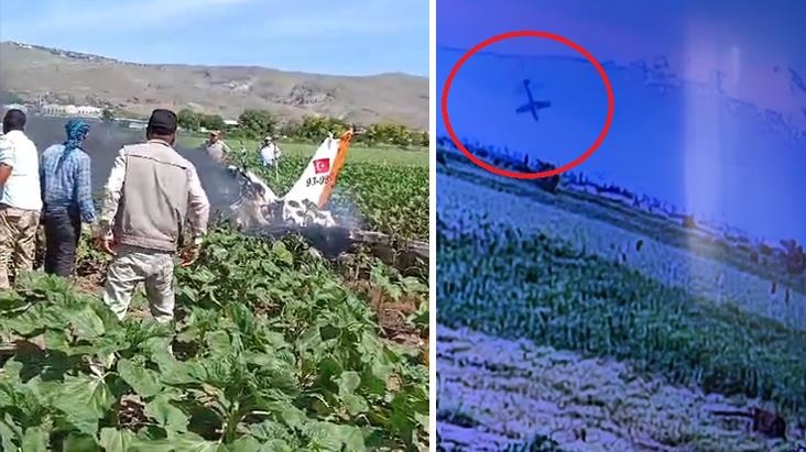 Kayseri’de düşen eğitim uçağına tarım işçilerinin müdahalesi görüntülendi