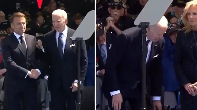 Joe Biden, Normandiya Çıkarması anma töreninde olmayan sandalyeye oturmaya çalıştı