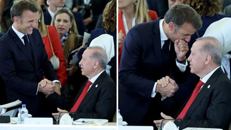 Cumhurbaşkanı Erdoğan, G-7 Zirvesi’nde yanına gelen Fransa Cumhurbaşkanı Macron ile görüştü